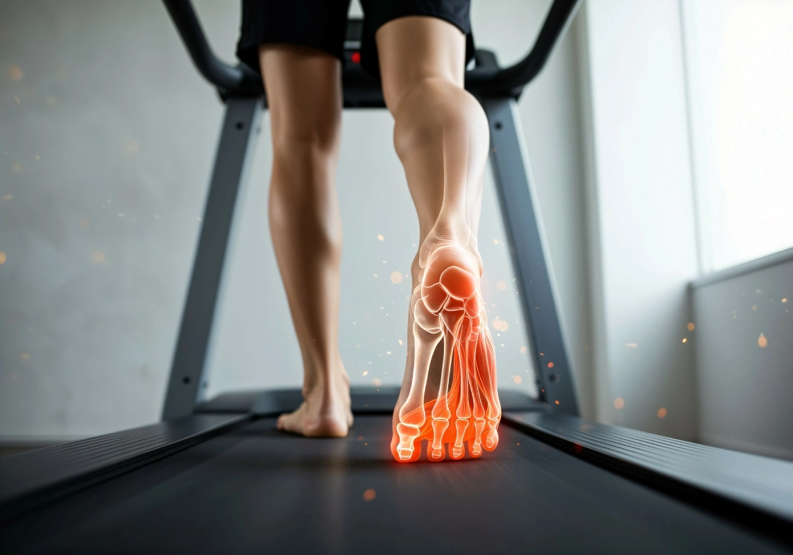 A person running on a treadmill, with one foot firmly planted on the ground, focused on their workout.
